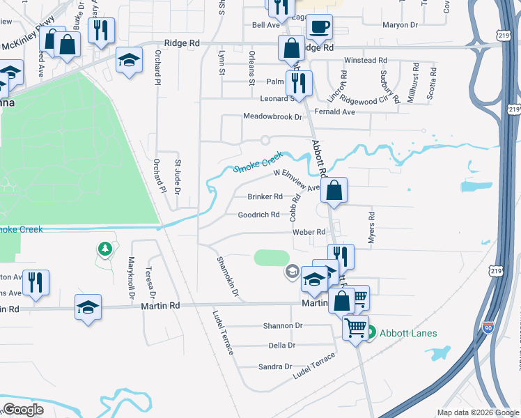 map of restaurants, bars, coffee shops, grocery stores, and more near 43 Goodrich Road in Buffalo
