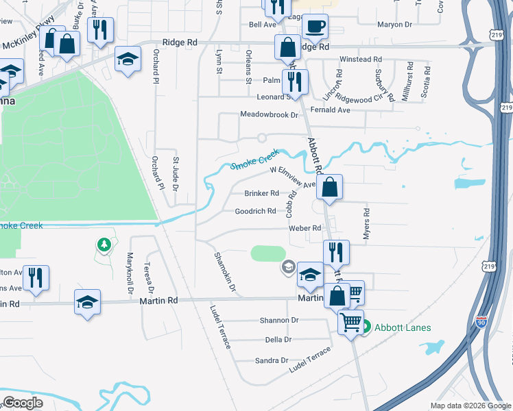 map of restaurants, bars, coffee shops, grocery stores, and more near 43 Goodrich Road in Buffalo