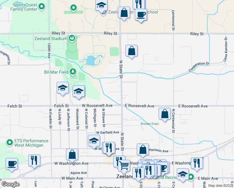 map of restaurants, bars, coffee shops, grocery stores, and more near 9656 Little Creek Court in Zeeland