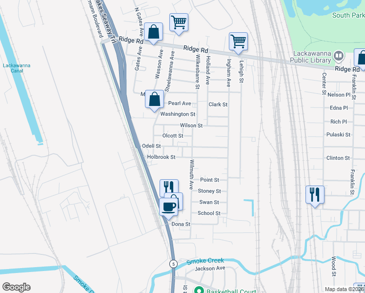 map of restaurants, bars, coffee shops, grocery stores, and more near 1 Phillips Place in Lackawanna