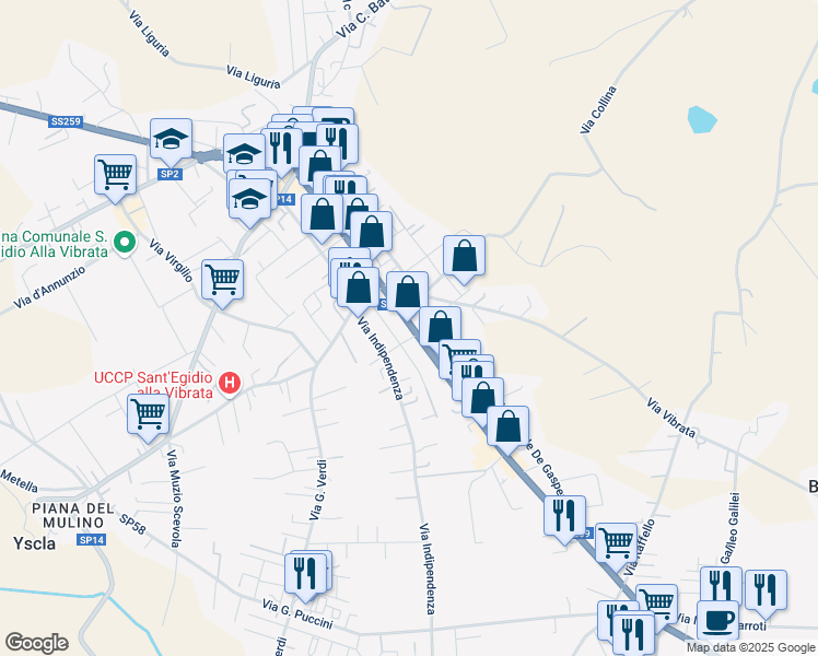 map of restaurants, bars, coffee shops, grocery stores, and more near 37 Via Amerigo Vespucci in Piano D'accio