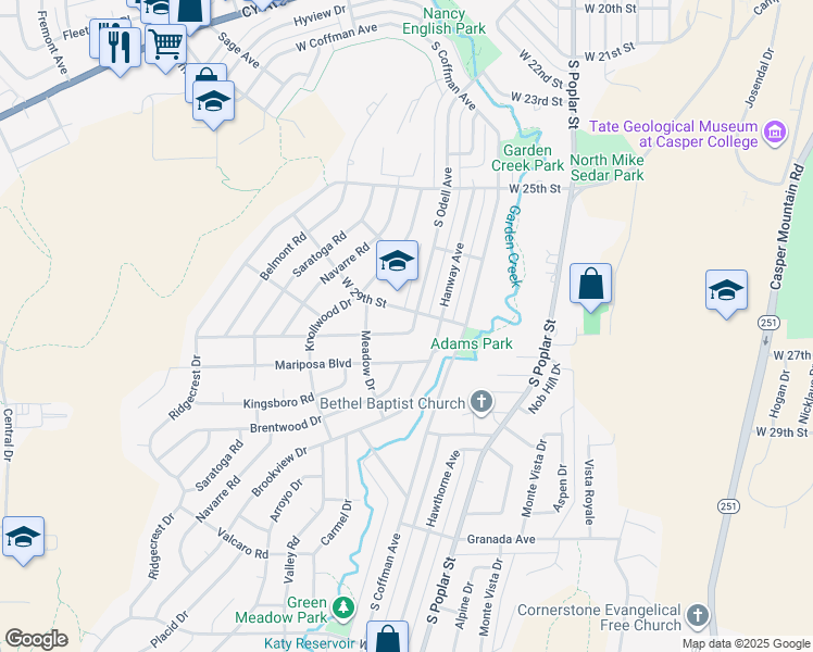 map of restaurants, bars, coffee shops, grocery stores, and more near 1521 West Odell Avenue in Casper