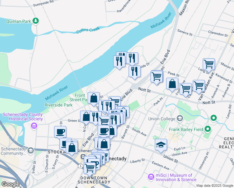 map of restaurants, bars, coffee shops, grocery stores, and more near 1435 Erie Boulevard in Schenectady