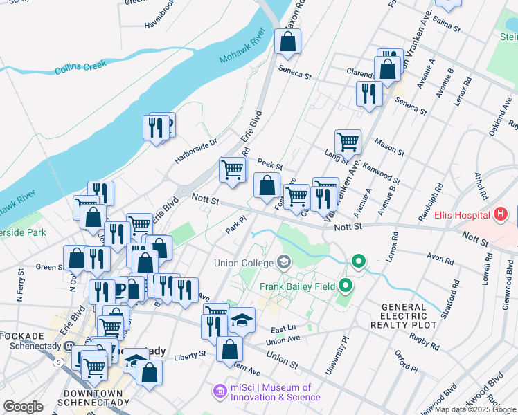 map of restaurants, bars, coffee shops, grocery stores, and more near 487 Nott Street in Schenectady