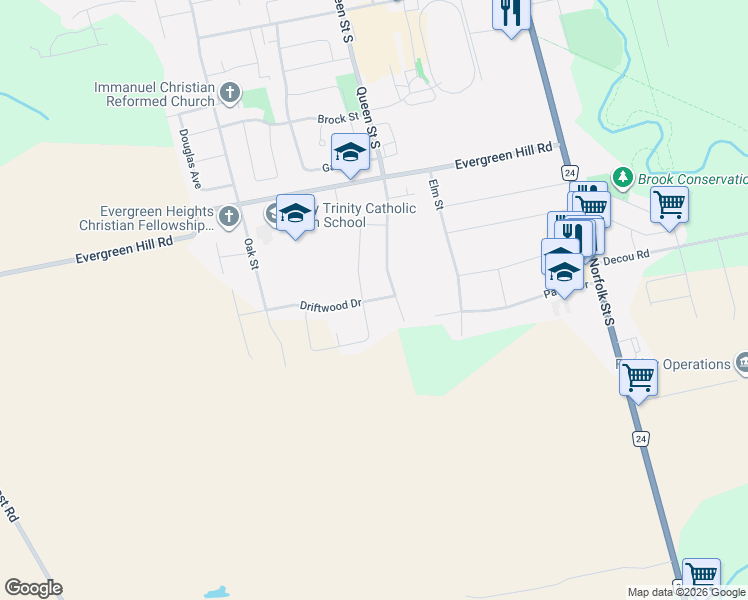 map of restaurants, bars, coffee shops, grocery stores, and more near 26 Driftwood Drive in Simcoe