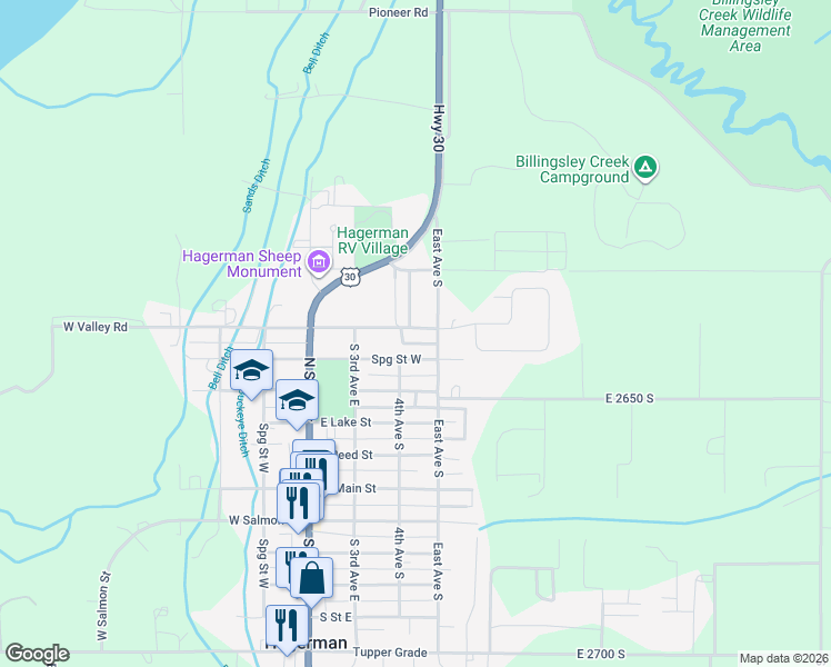 map of restaurants, bars, coffee shops, grocery stores, and more near 331 North Avenue East in Hagerman