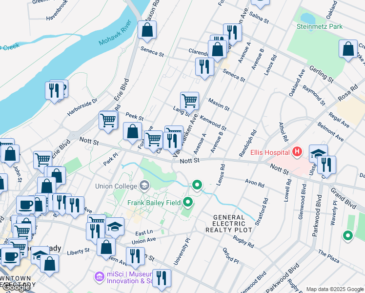 map of restaurants, bars, coffee shops, grocery stores, and more near 714 Hattie Street in Schenectady