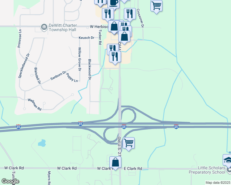 map of restaurants, bars, coffee shops, grocery stores, and more near 1060 Winding Brook Road in DeWitt