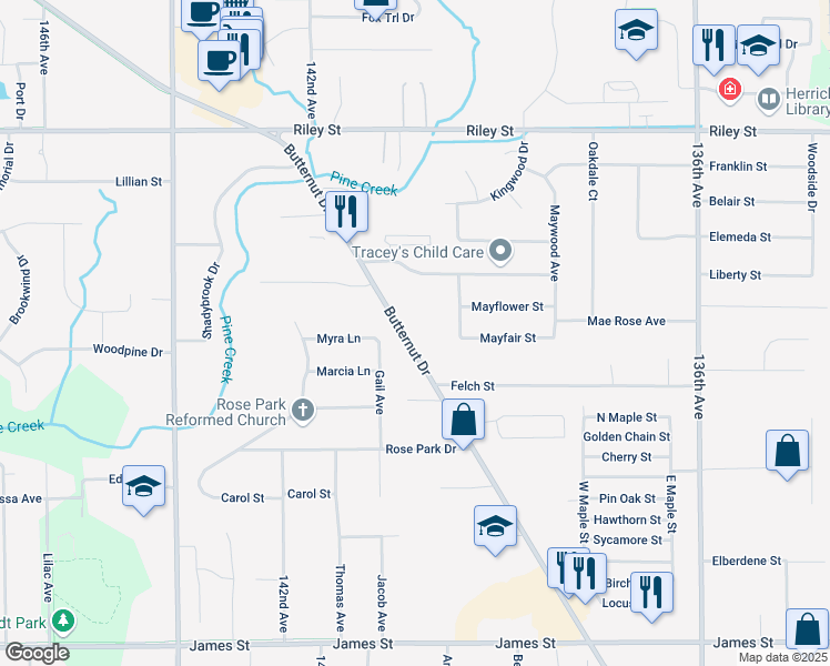 map of restaurants, bars, coffee shops, grocery stores, and more near 756 Butternut Drive in Holland