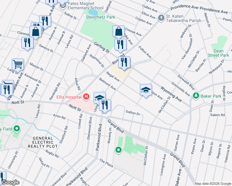 map of restaurants, bars, coffee shops, grocery stores, and more near 1737 Oneida Street in Schenectady