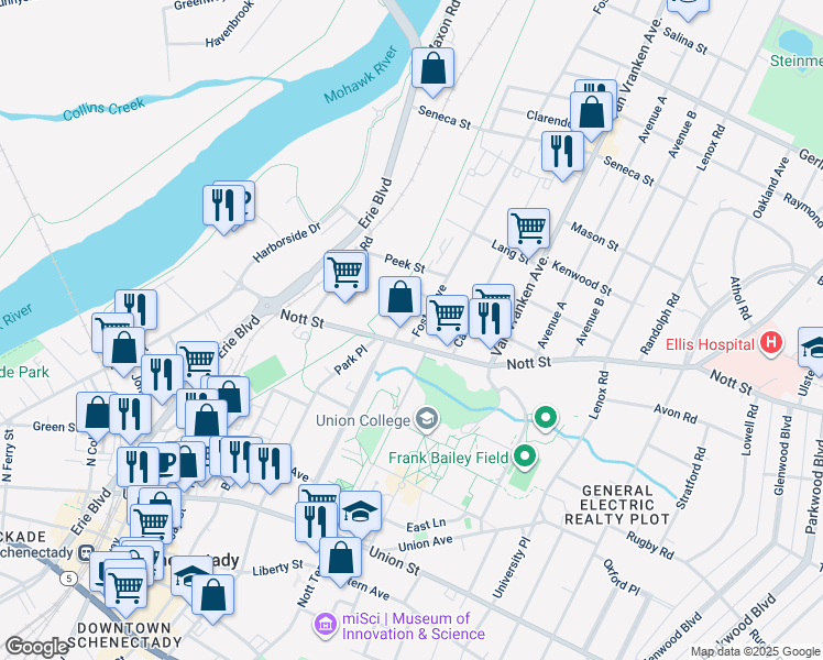 map of restaurants, bars, coffee shops, grocery stores, and more near 1503 Foster Avenue in Schenectady