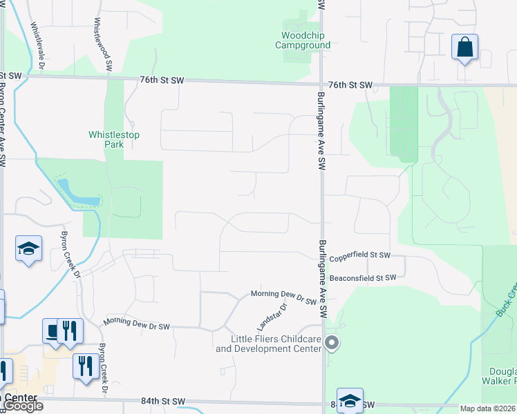 map of restaurants, bars, coffee shops, grocery stores, and more near 1716 Kingsland Drive in Byron Center