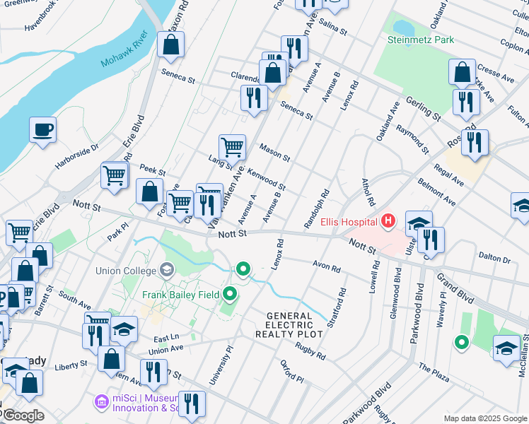 map of restaurants, bars, coffee shops, grocery stores, and more near 1533 Avenue B in Schenectady