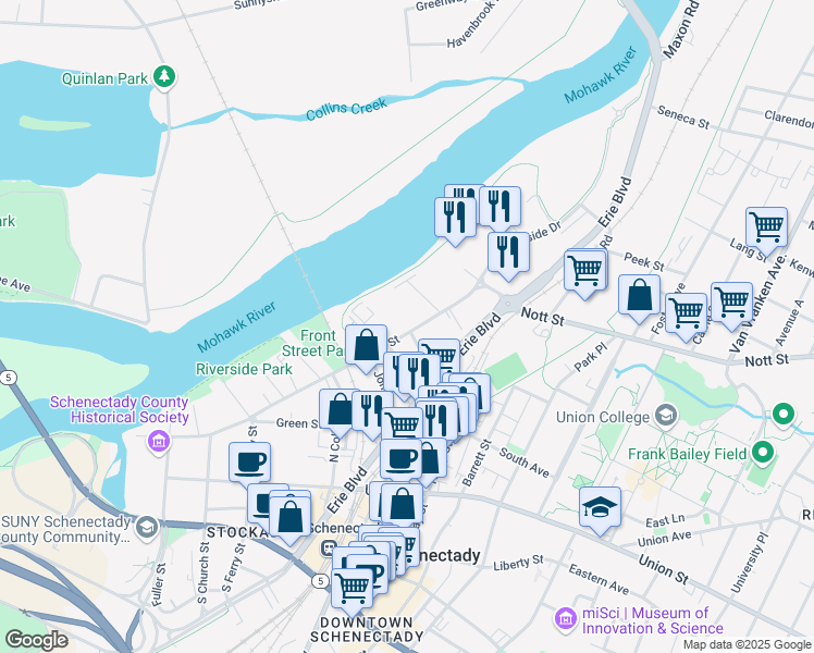 map of restaurants, bars, coffee shops, grocery stores, and more near 237 Front Street in Schenectady