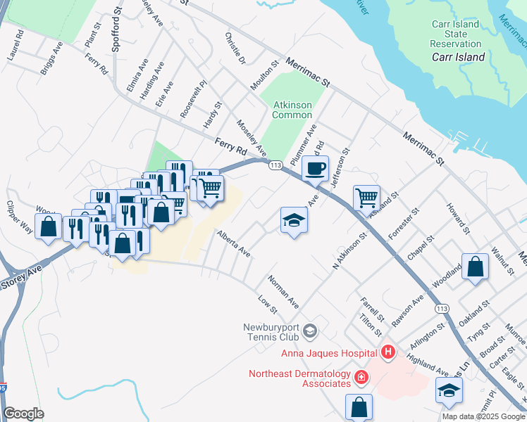 map of restaurants, bars, coffee shops, grocery stores, and more near 15 Cutting Drive in Newburyport