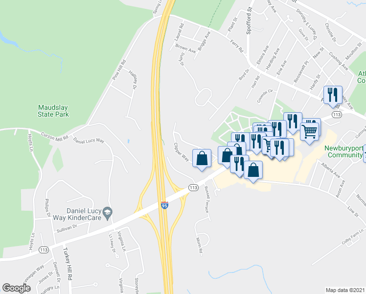 map of restaurants, bars, coffee shops, grocery stores, and more near 73 Clipper Way in Newburyport