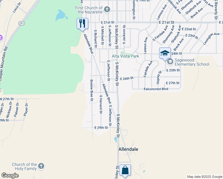 map of restaurants, bars, coffee shops, grocery stores, and more near 901-999 East 27th Street in Casper
