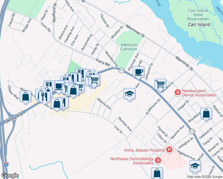 map of restaurants, bars, coffee shops, grocery stores, and more near 6 Iona Avenue in Newburyport