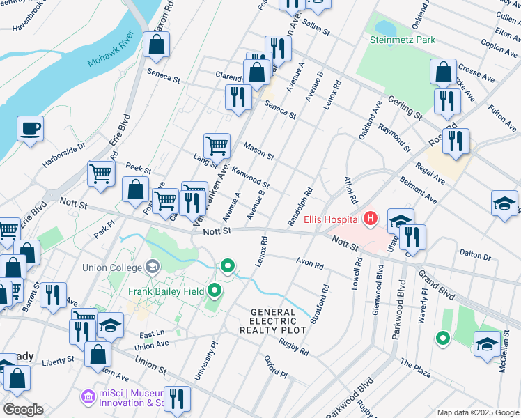map of restaurants, bars, coffee shops, grocery stores, and more near 909 Nott Street in Schenectady