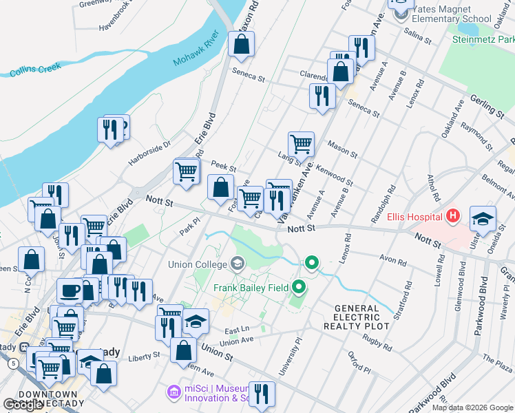 map of restaurants, bars, coffee shops, grocery stores, and more near in Schenectady