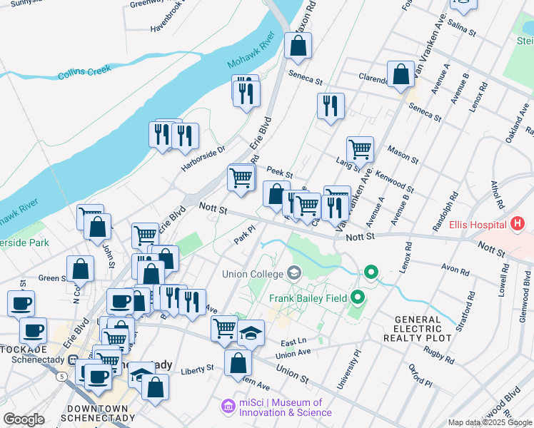 map of restaurants, bars, coffee shops, grocery stores, and more near 509 Nott Street in Schenectady