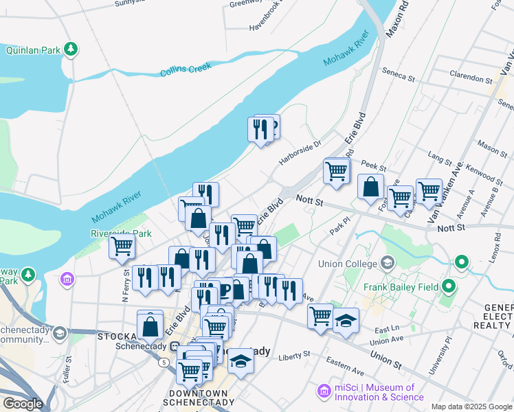 map of restaurants, bars, coffee shops, grocery stores, and more near 1435 Erie Boulevard in Schenectady