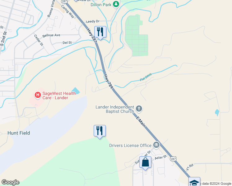 map of restaurants, bars, coffee shops, grocery stores, and more near 1036 East Main in Lander