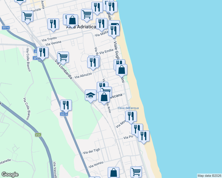 map of restaurants, bars, coffee shops, grocery stores, and more near 9 Via Umbria in Alba Adriatica