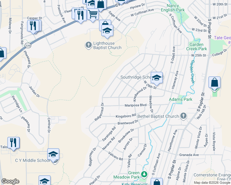 map of restaurants, bars, coffee shops, grocery stores, and more near 2960 Saratoga Road in Casper