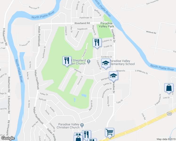 map of restaurants, bars, coffee shops, grocery stores, and more near 60 Magnolia in Casper
