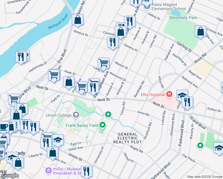 map of restaurants, bars, coffee shops, grocery stores, and more near 1564 Avenue A in Schenectady
