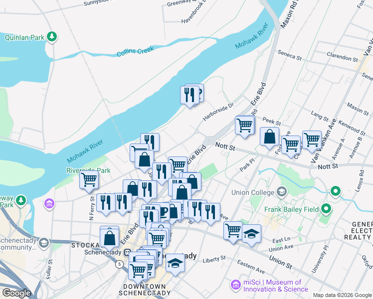 map of restaurants, bars, coffee shops, grocery stores, and more near 1435 Erie Boulevard in Schenectady