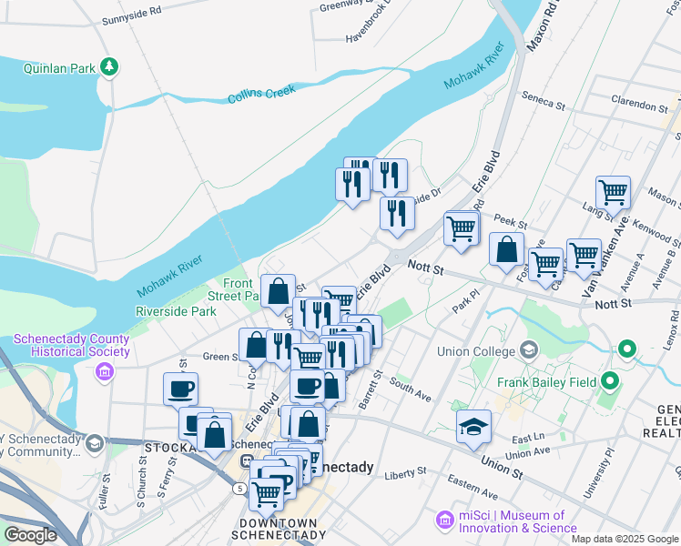 map of restaurants, bars, coffee shops, grocery stores, and more near 1435 Erie Boulevard in Schenectady