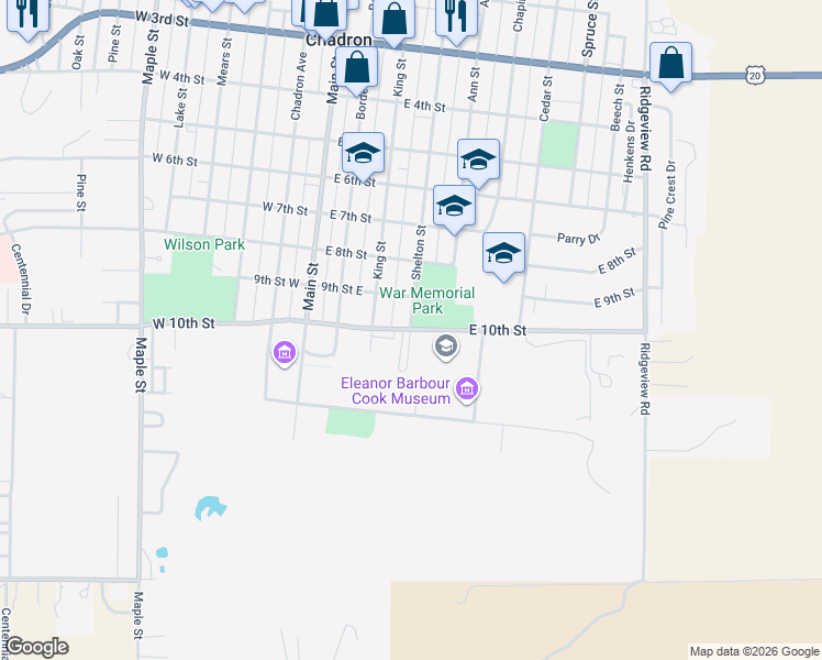 map of restaurants, bars, coffee shops, grocery stores, and more near 401 East 10th Street in Chadron