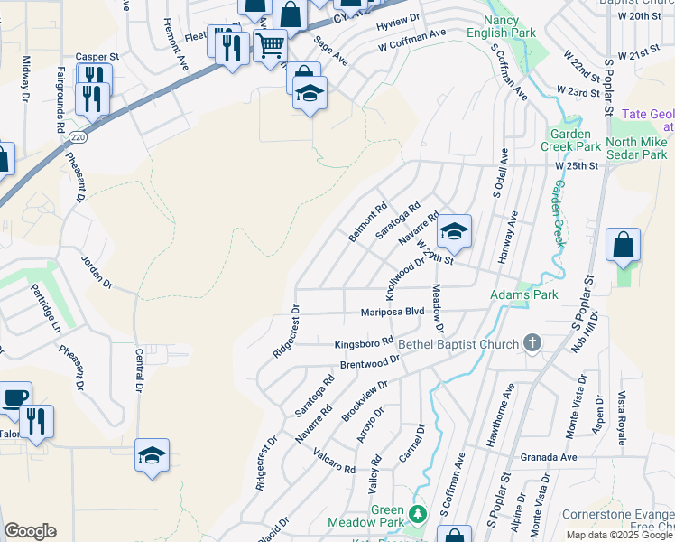 map of restaurants, bars, coffee shops, grocery stores, and more near 2960 Saratoga Road in Casper