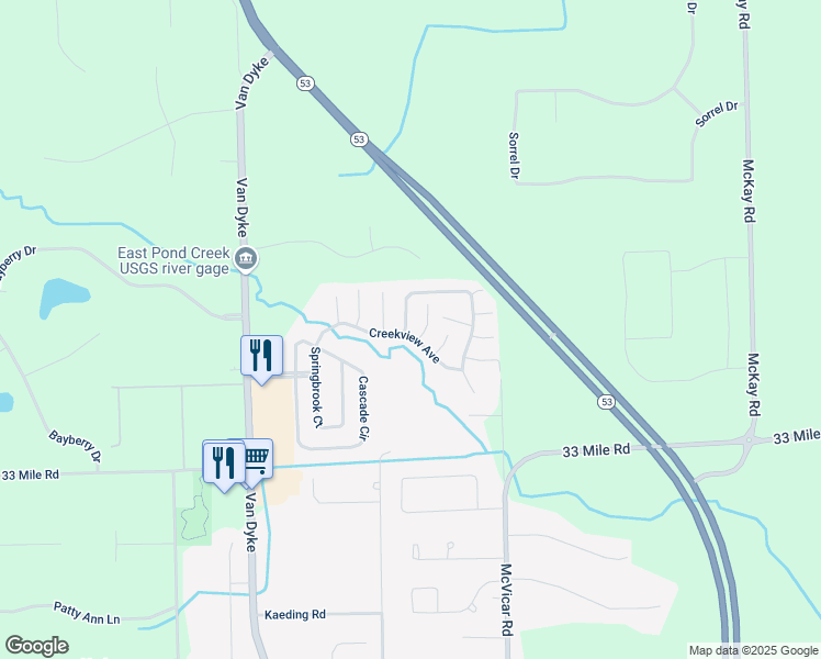 map of restaurants, bars, coffee shops, grocery stores, and more near 12289 Creekview Avenue in Macomb County