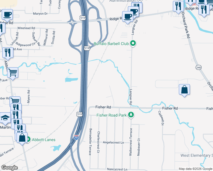 map of restaurants, bars, coffee shops, grocery stores, and more near 51 Mosside Loop in Buffalo