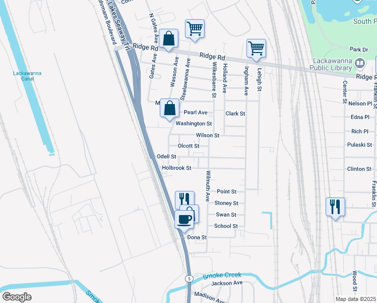 map of restaurants, bars, coffee shops, grocery stores, and more near 12 Woodyard Way in Lackawanna