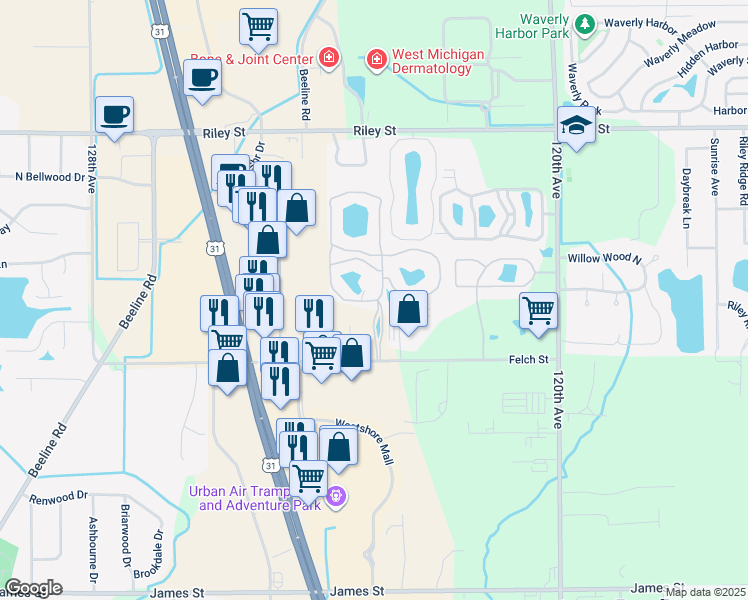 map of restaurants, bars, coffee shops, grocery stores, and more near 2900 Millpond Drive in Holland