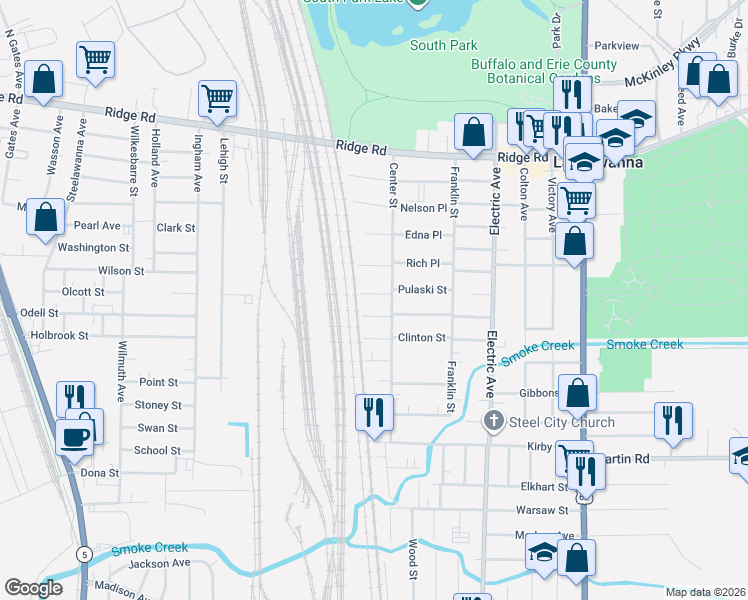 map of restaurants, bars, coffee shops, grocery stores, and more near 15 Gravel Place in Lackawanna