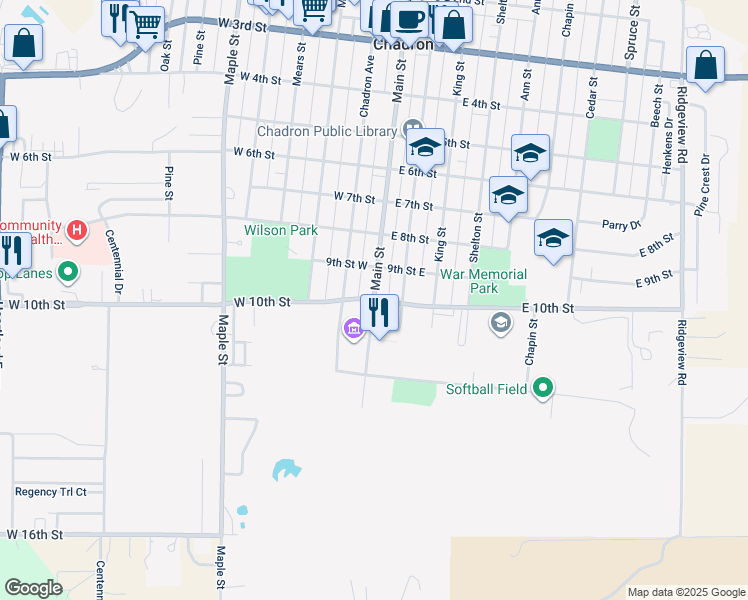 map of restaurants, bars, coffee shops, grocery stores, and more near W 10th St & Main St in Chadron