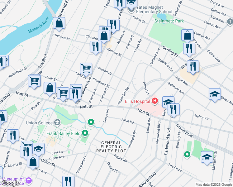 map of restaurants, bars, coffee shops, grocery stores, and more near 1655 Lenox Road in Schenectady