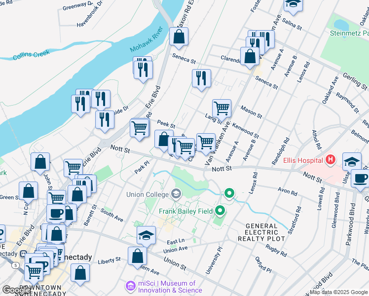 map of restaurants, bars, coffee shops, grocery stores, and more near 1561 Foster Avenue in Schenectady