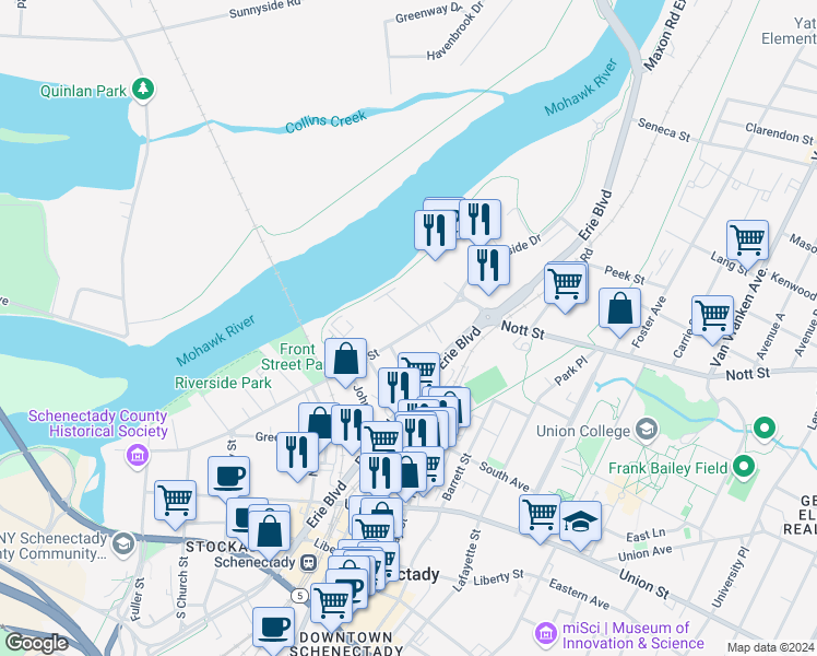 map of restaurants, bars, coffee shops, grocery stores, and more near 17 Mohawk Avenue in Schenectady