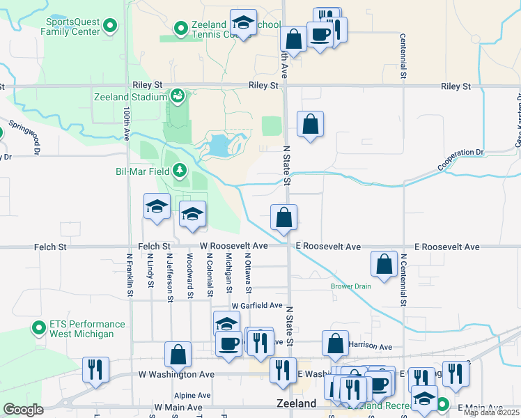 map of restaurants, bars, coffee shops, grocery stores, and more near 9646 Meadowland Court in Zeeland