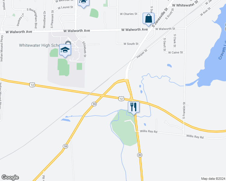 map of restaurants, bars, coffee shops, grocery stores, and more near 880 South Janesville Street in Whitewater