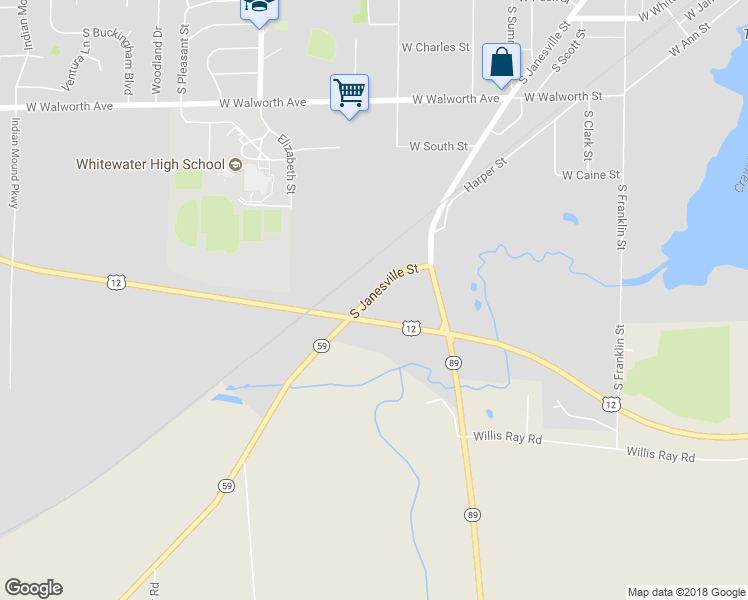 map of restaurants, bars, coffee shops, grocery stores, and more near 880 South Janesville Street in Whitewater