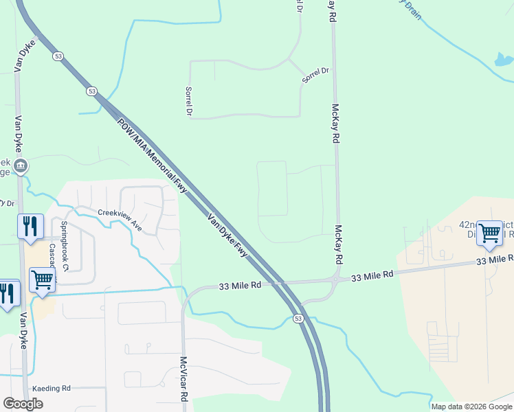 map of restaurants, bars, coffee shops, grocery stores, and more near 71654 Sarah Drive in Macomb County
