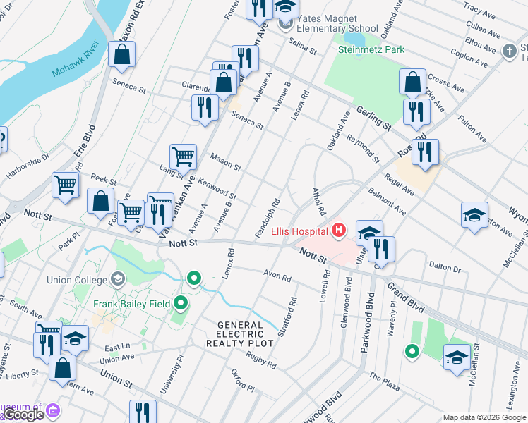 map of restaurants, bars, coffee shops, grocery stores, and more near 1639 Randolph Road in Schenectady