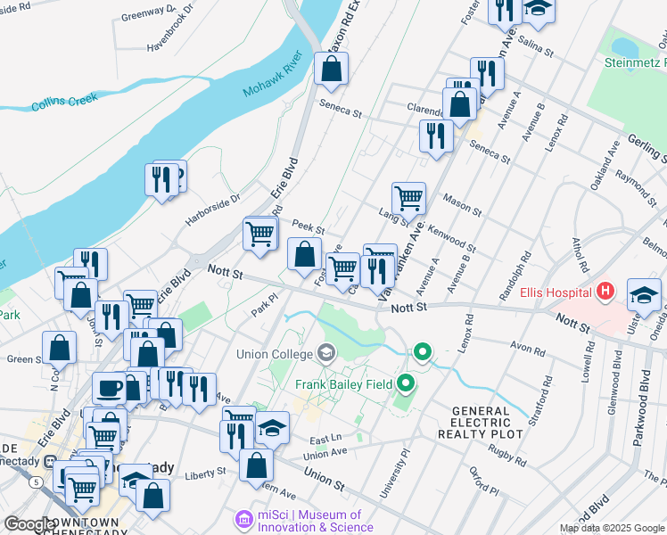 map of restaurants, bars, coffee shops, grocery stores, and more near 1561 Foster Avenue in Schenectady